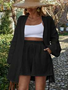 Women's Textured Cotton Crinkle Casual Shirt And Shorts Set - Black - View 6