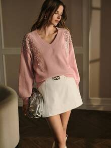 MOTF PREMIUM HANDMADE RHINESTONE DETAIL V-NECK KNIT SWEATER