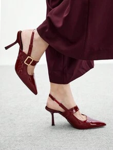 CUCCOO BIZCHIC حزام سميك معدني مع إبزيم للنساء، كعب رفيع مدبب، كعب متوسط، شخصي، مناسب للتنقل، فتاة رائعة، شارع، دراجة نارية، بانك روك، أسود لامع، جلد اصطناعي، أحذية مفتوحة الظهر ذات كعب عالي، ملابس مدونة الموضة، ملابس المكتب