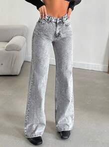 EURMUSE 100%Cotton Solid Slant Pocket Casual Wide Leg Jeans - Light Grey - View 3