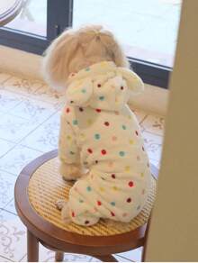 1 件珊瑚绒波点连帽连体衣，宠物冬季服装，适用于猫狗，超柔软且温暖 - 粉色 - 查看 2