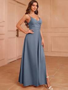 SHEIN Belle Adult Bridesmaid Dress With Front Pleats And Slit - Dusty Blue - View 6