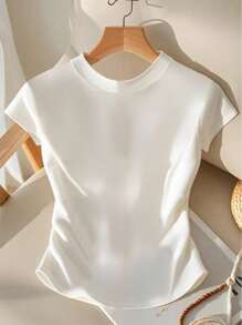GlowEve Women's Plain Crewneck Short Sleeve Ribbed Knit Top - White - View 2