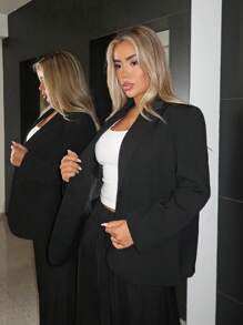 SHEIN ICON 冬季哥特风纯黑色休闲/办公长袖女式西装外套，适合万圣节穿着 - 黑色 - 查看 14
