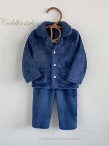 Bộ đồ ngủ nỉ 2 món cho bé trai, màu xanh hải quân trơn, áo khoác cardigan cổ bẻ tay dài và quần, đồ mặc nhà mùa thu/đông cho bé trai, bộ đồ ngủ cho bé trai, đồ ngủ màu xanh hải quân cho bé trai, đồ ngủ cho bé sơ sinh, đồ ngủ mùa thu cho bé trai. - Màu xanh lam - Xem 3