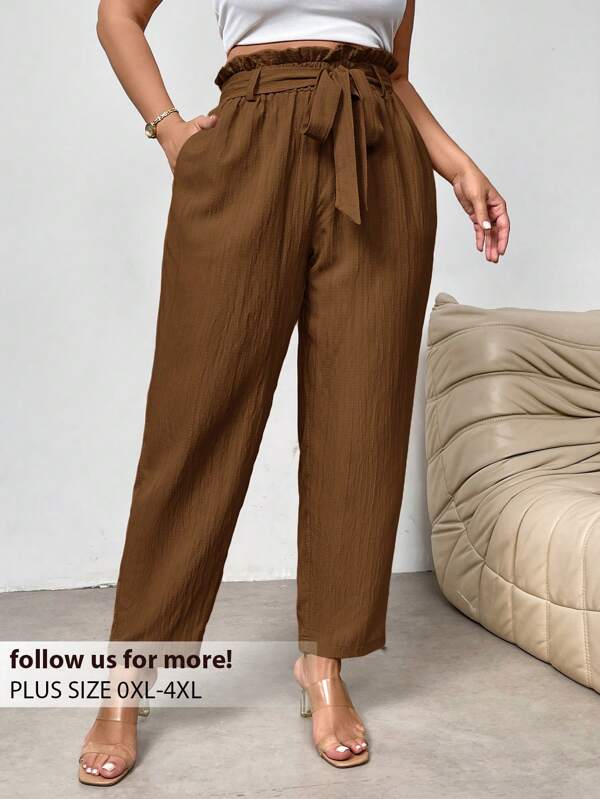 Firerie Pantalones de talle elástico con diseño de bolsillos, cintura elástica y cinturón de amarre, con dobladillo de volantes elegantes, para mujer de talla grande con ajuste entallado, para oficina