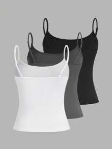 SHEIN EZwear 3pcs Casual Camisole Set, Versatile Slim Fit Tank Top For Women, Suitable For Summer