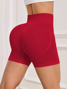 Dewbera Solid Color High Waist Seamless Elastic Sports Shorts - Red - View 5