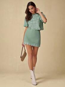 Enchnt 夏季休闲刺绣泡泡袖上衣和裙子两件套