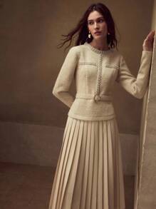 MOTF STUDIO PATCHWORK 2 IN 1 LUXURIOUS ELEGANT RUFFLE PEARL DECOR WOMEN DRESS - Apricot - View 2