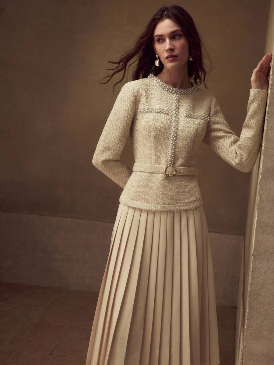 MOTF STUDIO PATCHWORK 2 IN 1 LUXURIOUS ELEGANT RUFFLE PEARL DECOR WOMEN DRESS - Apricot - View 2