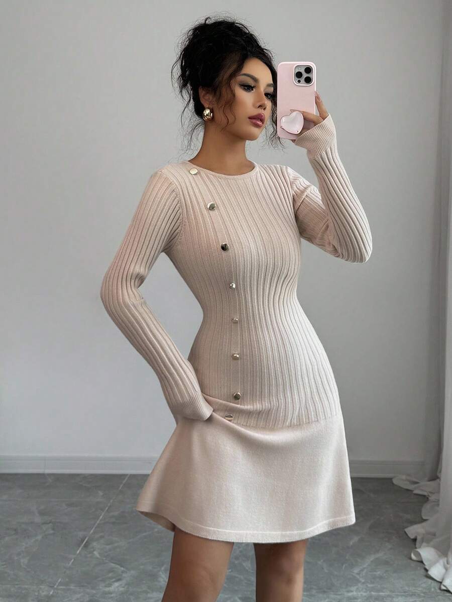 Elenzga Women's Solid Color Round Neck Long Sleeve Button Design Knitted Dress Fall Winter Cloth For Women - Maroon - View 1