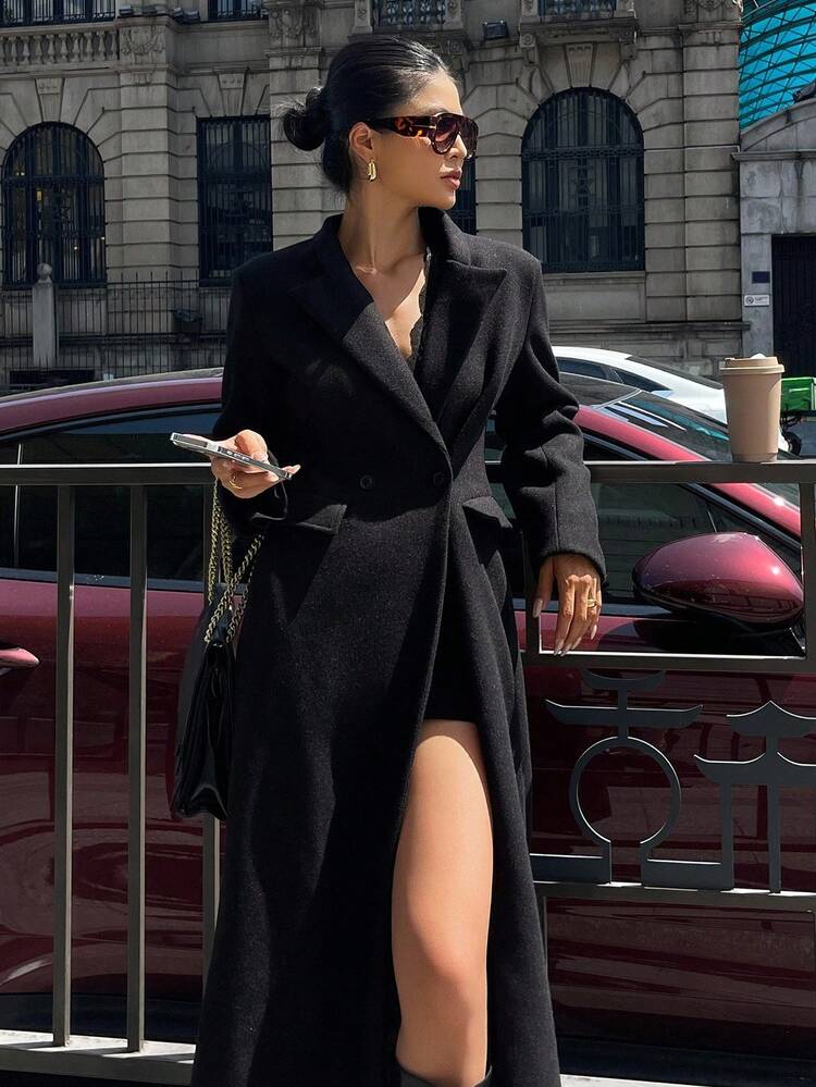 Women's Solid Color Fitted Waist Pocket Long Sleeve Turndown Collar Elegant Casual Thick Overcoat, Autumn/Winter