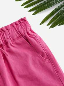 SHEIN Quần short denim cạp chun màu trơn, viền cuộn, thường ngày, đa năng cho nữ, mùa hè - Màu Hồng Tươi - Xem 3