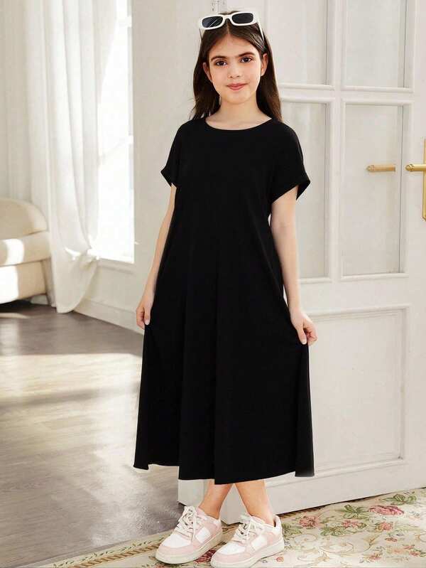 SHEIN Tween Girls Loose Casual Drop Shoulder Short Sleeve Textured Fabric Long Dress