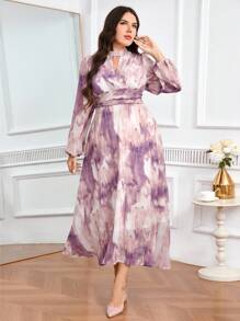 Modelyn Plus Size Women's Tie-Dye Print Keyhole Neck Lantern Sleeve Elegant Dress