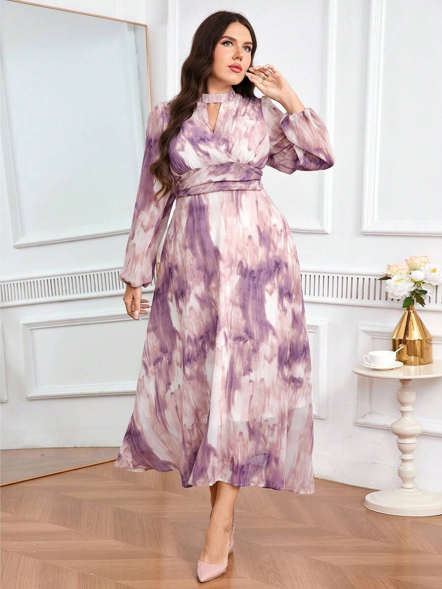 Modelyn Plus Size Women's Tie-Dye Print Keyhole Neck Lantern Sleeve Elegant Dress