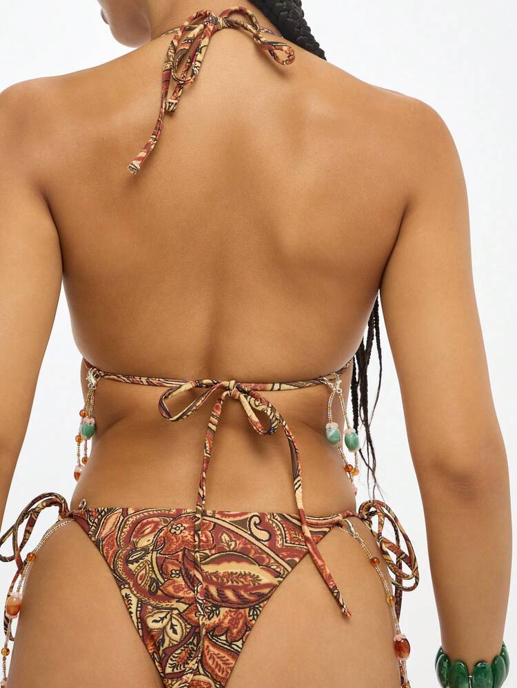 SUMWON Paisley Print Beaded Bikini Set Triangle Top High Cut Bottom Summer Beach Resort Wear Festival Vacation Pool Party Swimsuit With Body Chain Detail