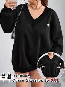 SHEIN CURVE+ Curves Plus Size/Chool Clothes/Back To School Clothes /Back To SchoolPlus Size Women's Casual Simple Black V-Neck Loose Fit Sweatshirt, Suitable For Autumn/Winter Plus Size Sweatshirts Plus Size Sweatshirt Women Black Sweatshirt V-Neck Sweatshirt Plus Size Top Fall/Autumn /Winter