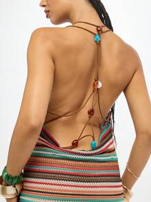 SUMWON WOMEN 多色条纹针织露肩吊带迷你连衣裙，串珠露背设计，波西米亚风，适合节日、夏季派对和海滩穿着 - 彩色 - 查看 6