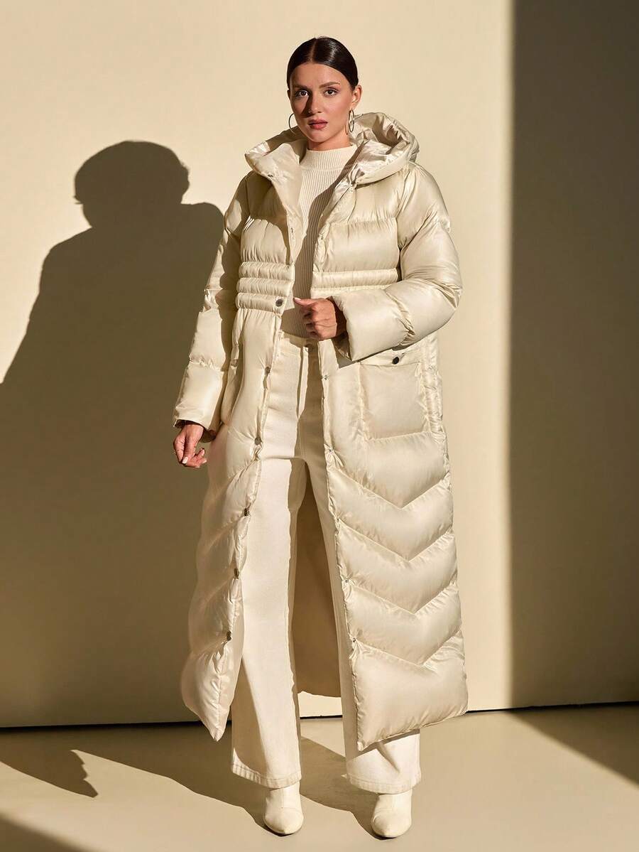 CLARA VERO Women Solid Color Belted And Pocket Detailed Long Winter Coats - Champagne - View 1