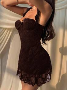 MainGRL 女式棕色花卉蕾丝蝴蝶结装饰修身无袖迷你连衣裙 - 棕色 - 查看 3