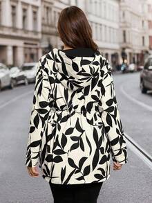 SHEIN Clasi Áo khoác cỡ lớn có thể đảo ngược, một mặt in họa tiết lá màu đen, một mặt trơn màu đen, thu/đông - Nhiều màu - Xem 2