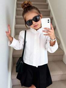 SHEIN 年轻女孩青少年女孩荷叶边领褶皱泡泡袖高低下摆法式衬衫，青少年女孩白色衬衫，可爱荷叶边生菜饰边，白色长袖衬衫纽扣衬衫长袖上衣长袖衬衫，秋冬季，非常适合休闲和日常穿着和学校日常，学院风格，返校 - 白色 - 查看 8