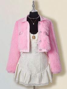 SHEIN ICON Women's Solid Color Long Sleeve Single-Breasted Faux Fur Elegant Jacket In Fall/Winter - Pink - View 6