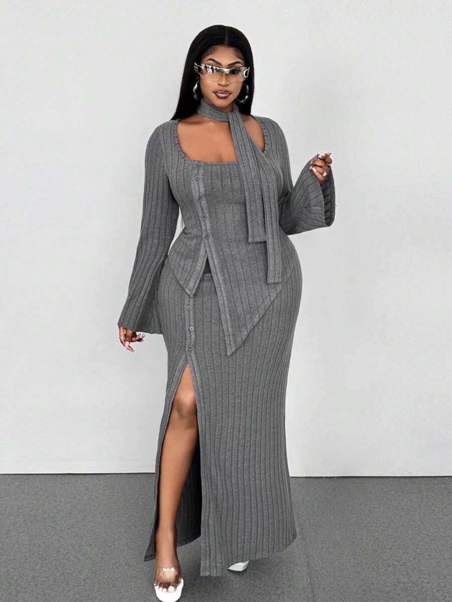 Maweii 2pcs Plus Size Women Set: Fitted Grey Ribbon Decor Asymmetric Hem Long Sleeve T-Shirt And Side Slit Midi Skirt Fall Cloth For Women - Grey - View 1