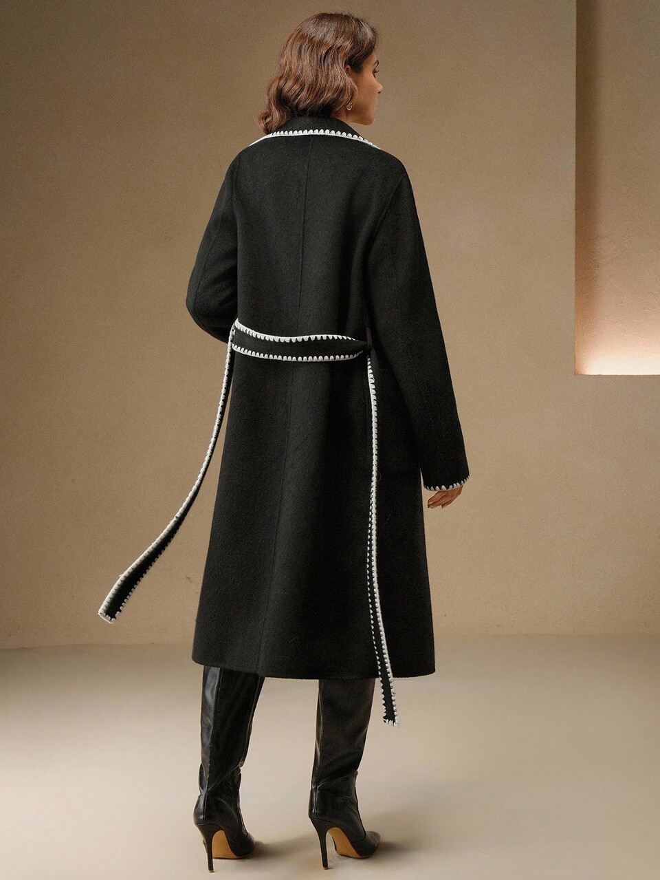 Women's Embroidered Double-Sided Wool Coat,Black And White Elegant Office Autumn Winter Outwear For Formal,Party,Chic,Work,Graduation & Wedding