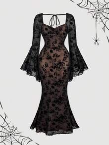 SHEIN MOD Women's Flare Sleeve Ruffle Trim Sweetheart Collar Fitted Sexy Dress, Goth Dress, Witchy Dress, Black Floral Dress, Long Sleeve Black Dress,Black Floral Dress, Black See Through Dress,Fall Clothes For Women,Goth,