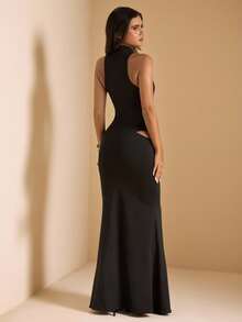 SHEIN BAE Elegant Women's Solid Black Round Neck Sleeveless Asymmetrical Waistline Fishtail Formal Dress, Black Dress, Suitable For Autumn/Winter Layering, Outings And Dates,Halloween Costumes,Winter Dresses For Women,Christmas Party Dress