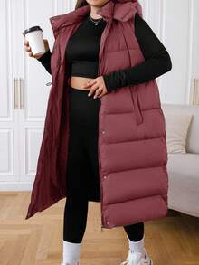 EURMUSE Plus Size Long Hooded Black Winter Vest Jacket - Dusty Pink - View 3