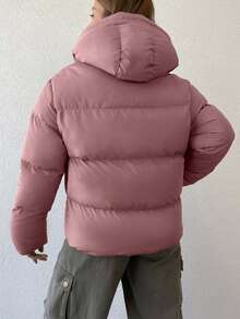 EURMUSE Women's Solid Color Long Sleeve Zipper Front Drawstring Hooded Casual Winter Jacket - Pink - View 2