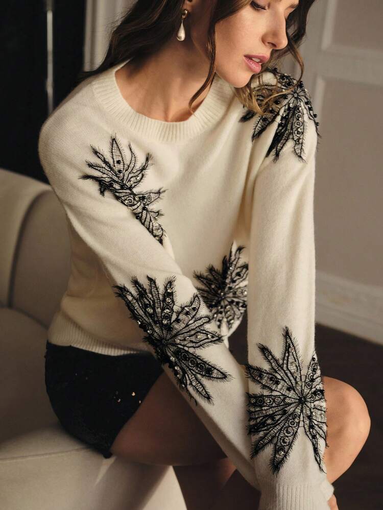 CONTRAST LACE RHINESTONE APPLIQUES DROP SHOULDER OVERSIZE SWEATER