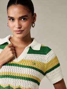 MISSGUIDED Retro Crochet Knit Polo Top Vintage Inspired Cropped Length Striped Pattern Collared Summer Spring Fashion Y2K Style