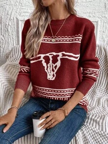 EURMUSE Jesienno-zimowy sweter z okrągłym dekoltem w kontrastowym kolorze, wzorem wołu, swobodny i wygodny - Burgund - Zobacz 5