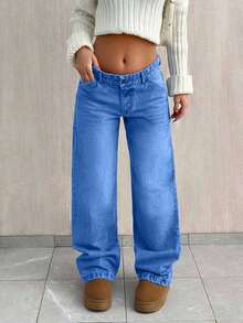 EURMUSE PETITE CASUAL LOW WAIST BAGGY LOOSE STRAIGHT LEG JEAN - Baby Blue - View 4
