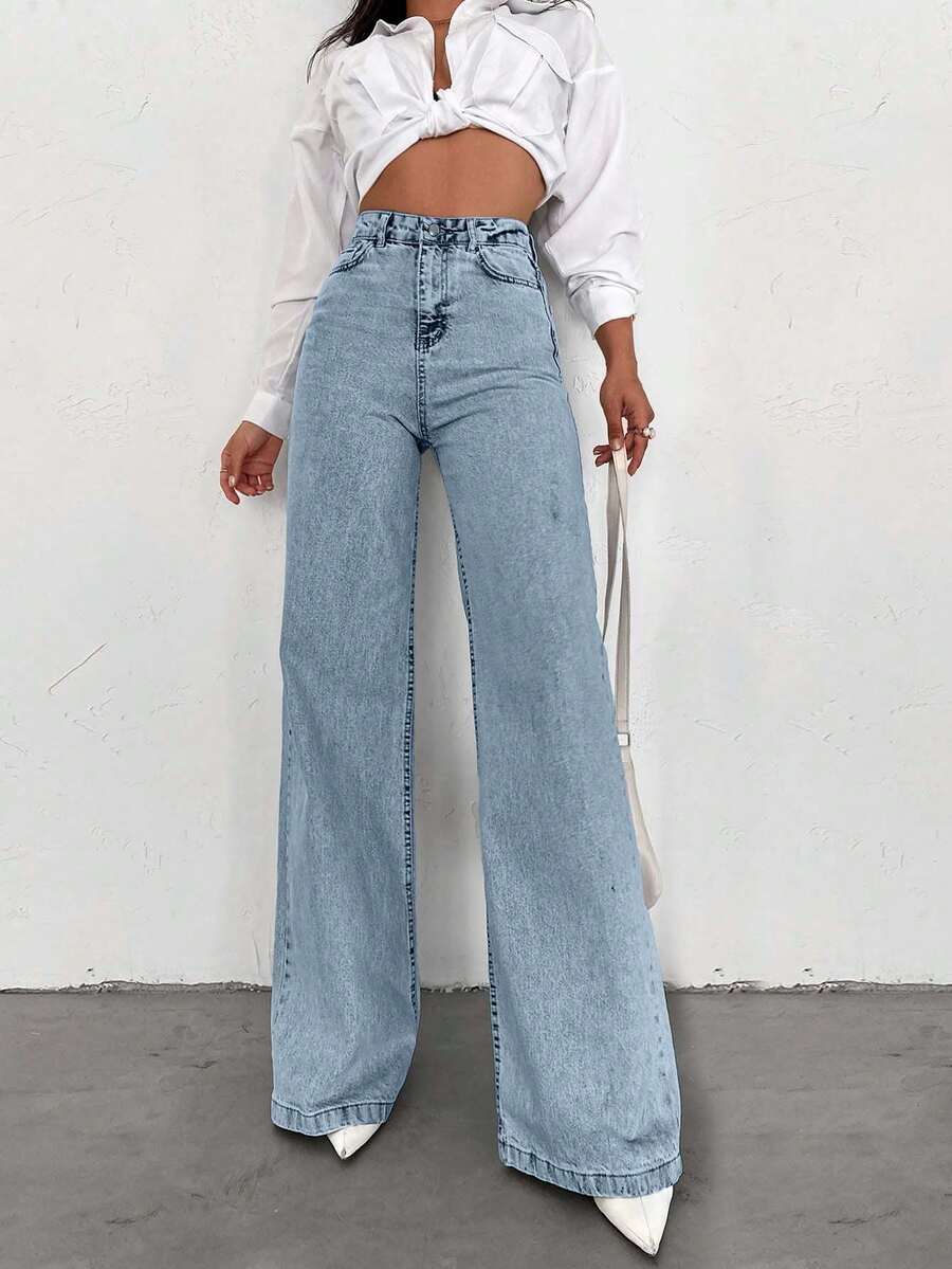 SHEIN Tall 100%Cotton HIGH WAIST WIDE LEG LONG HEM TALL JEAN - Baby Blue - View 1