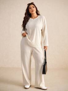 Elaquor 2pcs Plus Size Solid Color Drop Shoulder Long Sleeve Casual Loose Textured Fabric Top And Pants Set - Apricot - View 1