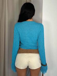 Glamine Novo Suéter Cardigan Feminino de Cor Sólida, Tricotado, Vazado, de Manga Longa, Elegante e Estilo de Férias - Verde - Visão 4