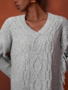 Zivah Robe en tricot à col en V avec franges torsadées grise pour femmes, style décontracté ample, automne/hiver - Gris - Voir 7