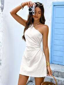 Vivid Eden 女士纯色不对称领无袖迷你连衣裙