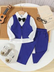 SHEIN 3 peças/Conjunto Roupa Formal de Gentleman para Bebê Menino - Inclui Camisa de Manga Longa com Gravata Borboleta, Colete de Abotoamento Simples e Calça Casual com Elástico na Cintura e Bolsos, Adequado para Casamentos, Convidados de Casamento, Dia das Mães, Volta às Aulas - Multicolorido - Visão 3