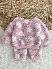 LMoss Kids LMoss Kinder 2 Stücke Set aus Strickpullover und Leggings für Babys mit Blumenmuster und Rundhalsausschnitt, Fleece-Set für Babys und Kleinkinder, Winterkleidung für Babys und Kleinkinder, Sherpa-Set mit Blumenmuster, zweiteiliges Set für Babys und Kleinkinder, warmes Set