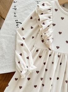 LMoss Kids LMoss Baby Girl Woven Heart Pattern Ruffle Hem Round Neck Casual Dress Baby Girl Long Sleeve Dress Baby Girl Dress Heart Print Dress Baby Heart Dress Baby Cream Dress Fall Winter - Apricot - View 6