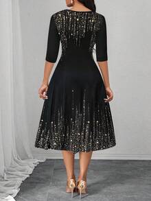 SHEIN Lady 女式闪亮印花圆领七分袖优雅中长连衣裙