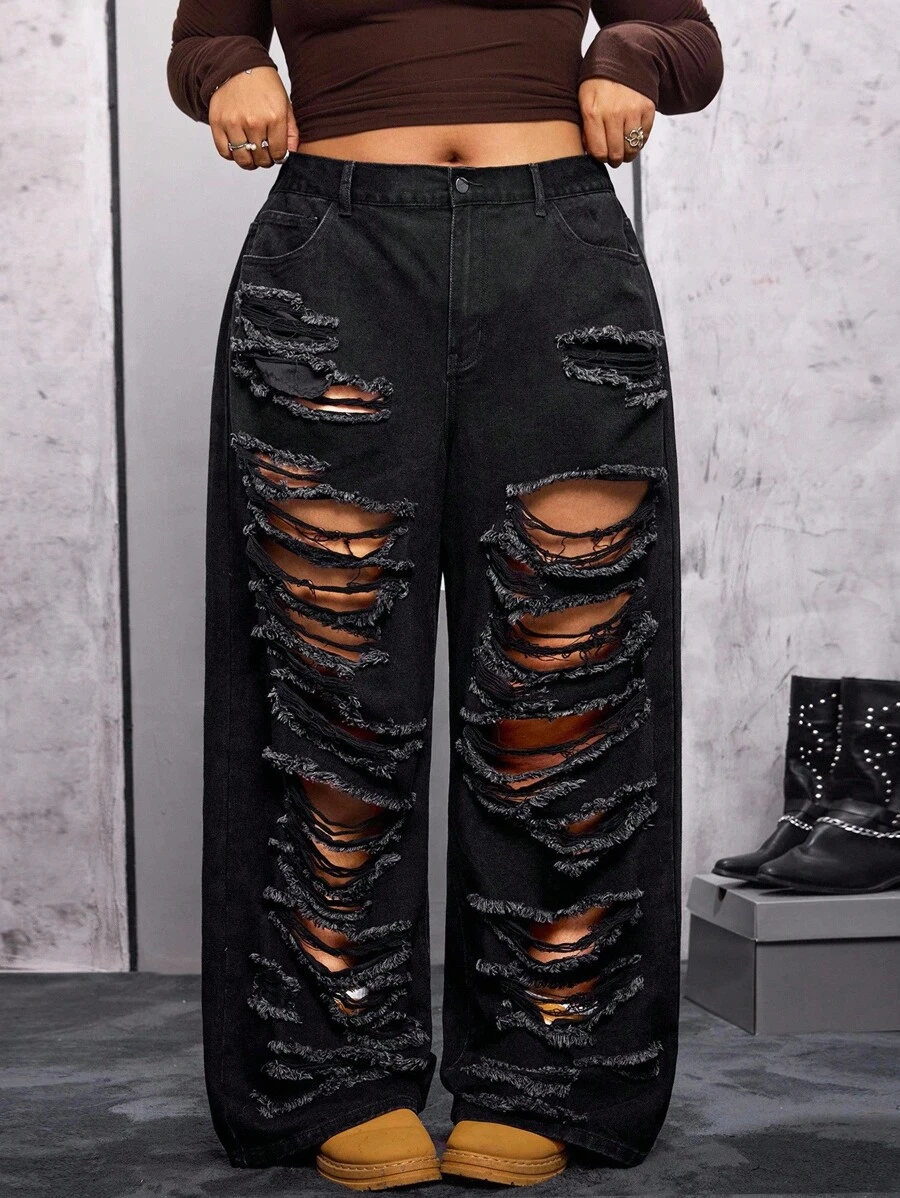 Flirla Plus Size Women Distressed Pocket Wide Leg Loose Casual Versatile Jeans - Black - View 1