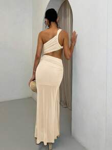 SHEIN BAE 女式夏季绿色度假不对称肩部修身性感镂空透视网眼连衣裙 - 杏色 - 查看 2